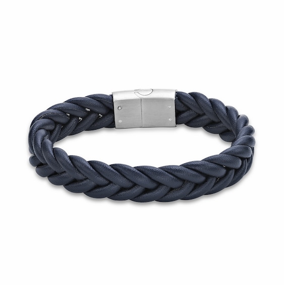 14.0mm Braided Blue Leather Bracelet with Stainless Steel Clasp - 8.25"
