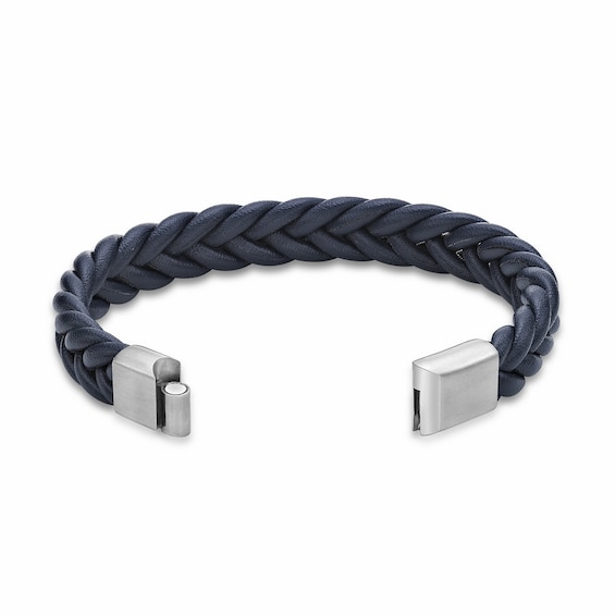 14.0mm Braided Blue Leather Bracelet with Stainless Steel Clasp - 8.25"