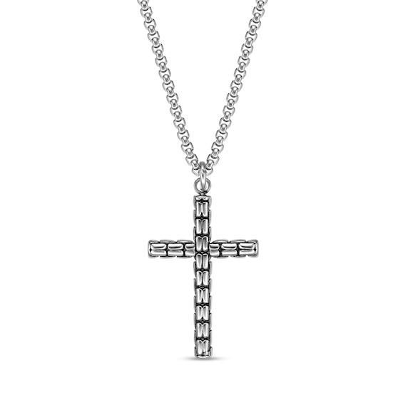 Men's Rib-Textured Cross Pendant in Stainless Steel and Black IP - 24"