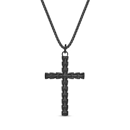 Men's Rib-Textured Cross Pendant in Stainless Steel with Black IP - 24"