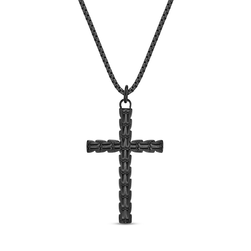 Main Image 1 of Men's Rib-Textured Cross Pendant in Stainless Steel with Black IP - 24"