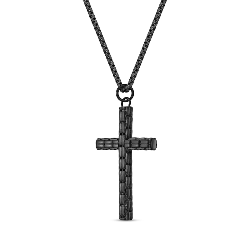 Main Image 2 of Men's Rib-Textured Cross Pendant in Stainless Steel with Black IP - 24"