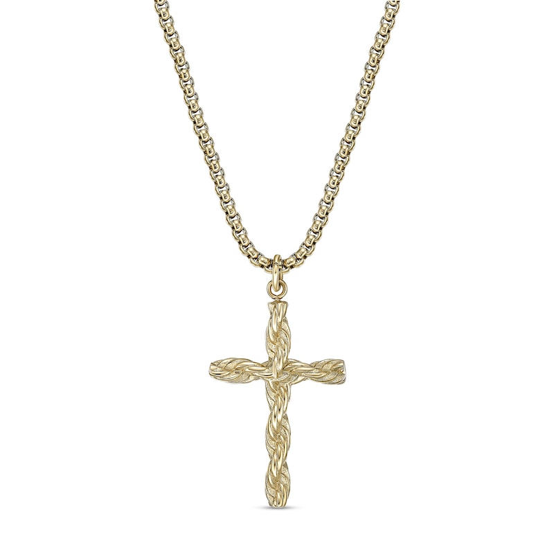 Men's Rope-Textured Cross Pendant in Stainless Steel with Gold-Toned IP - 24"