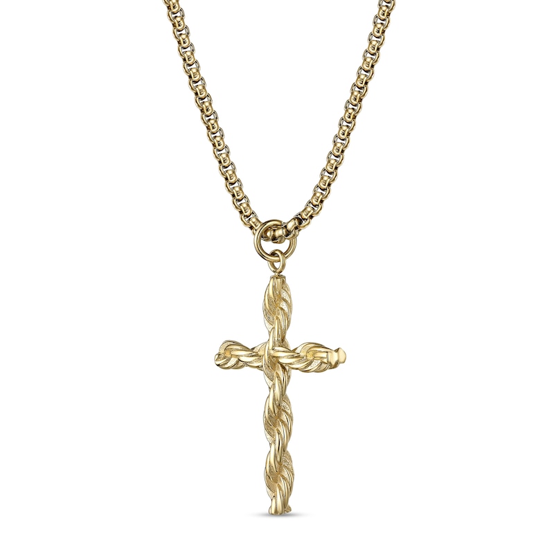 Men's Rope-Textured Cross Pendant in Stainless Steel with Gold-Toned IP - 24"