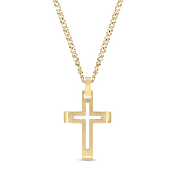Men's Cross Punch-Out Pendant in Stainless Steel with Gold-Tone IP - 24"