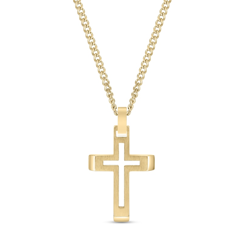 Men's Cross Punch-Out Pendant in Stainless Steel with Gold-Tone IP - 24"