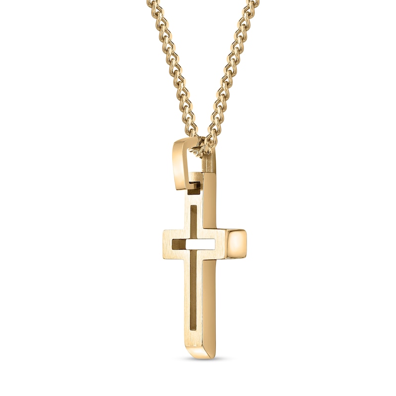 Men's Cross Punch-Out Pendant in Stainless Steel with Gold-Tone IP - 24"