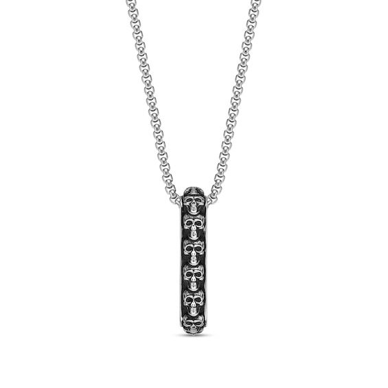 Men's Six Skull Vertical Bar Pendant in Stainless Steel and Black IP - 24"