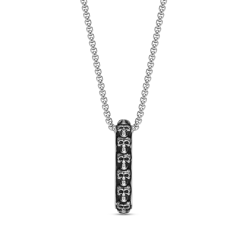 Main Image 1 of Men's Six Skull Vertical Bar Pendant in Stainless Steel and Black IP - 24"