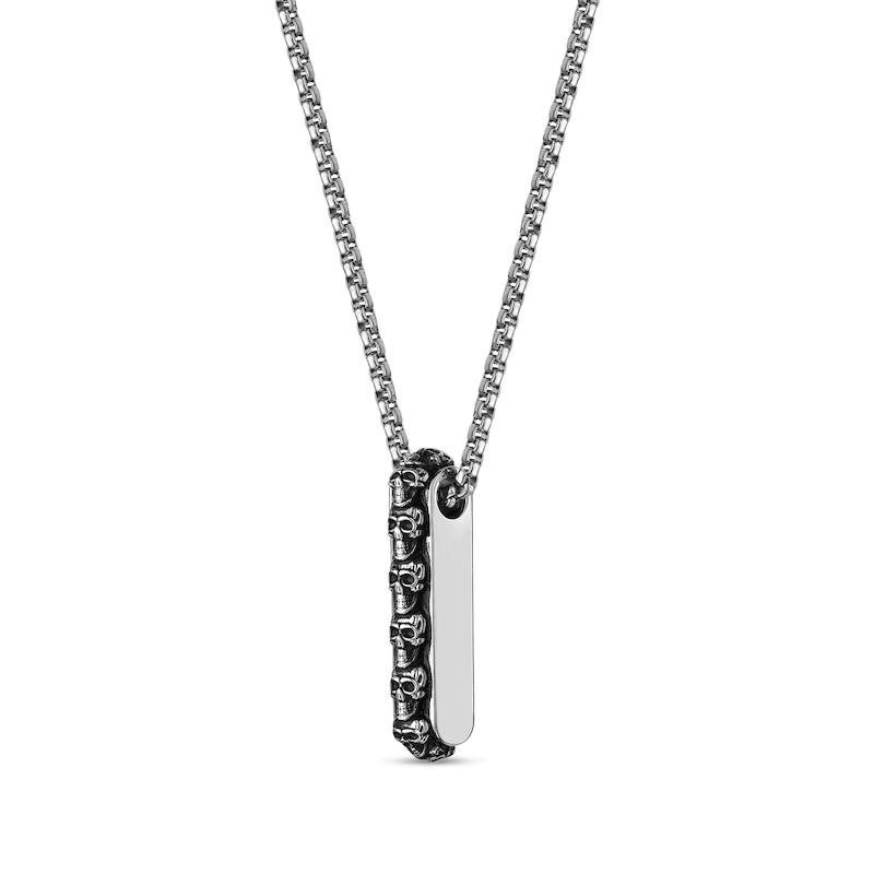 Main Image 2 of Men's Six Skull Vertical Bar Pendant in Stainless Steel and Black IP - 24"