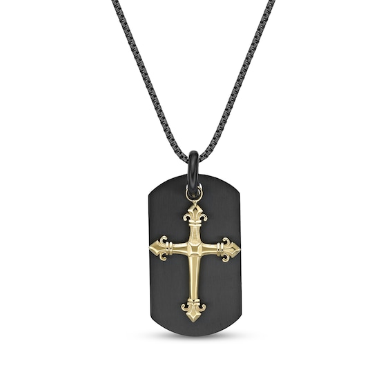 Men's Cross Dog Tag Pendant in Stainless Steel with Black and Yellow IP - 24"