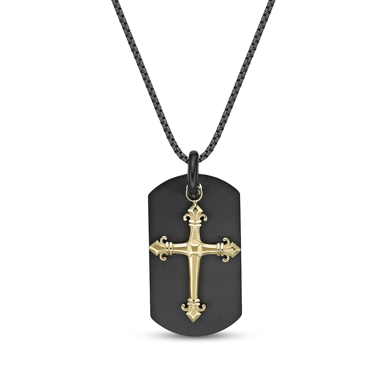 Men's Cross Dog Tag Pendant in Stainless Steel with Black and Yellow IP - 24"