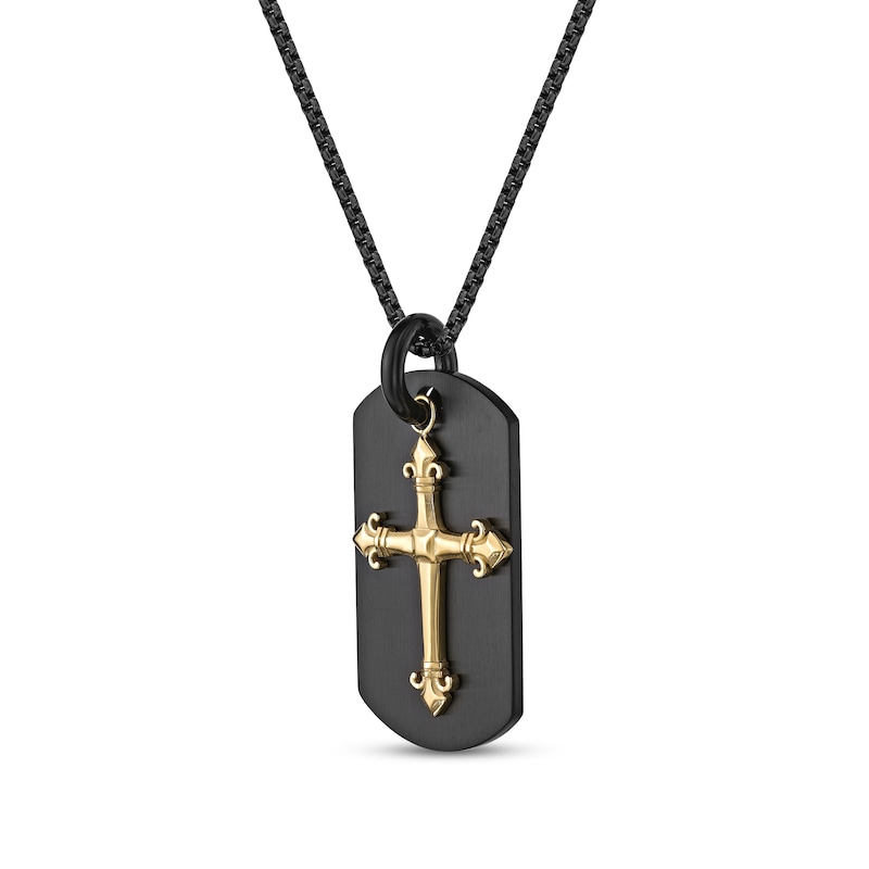 Men's Cross Dog Tag Pendant in Stainless Steel with Black and Yellow IP - 24"