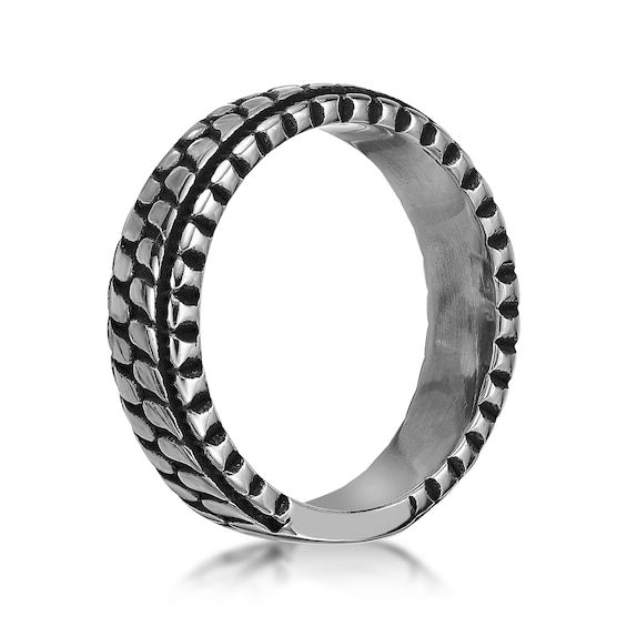 6.5mm Tire Track Antique-Finish Ring Stainless Steel and Black IP