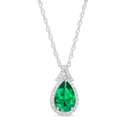 Pear-Shaped Green Quartz Doublet and White Lab-Created Sapphire Frame Split Bail Pendant in Sterling Silver