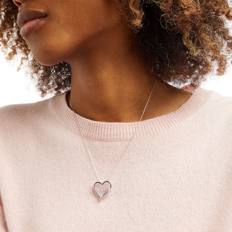 Main Image 2 of 1/2 CT. T.W. Diamond Slanted Double Heart Pendant in Sterling Silver
