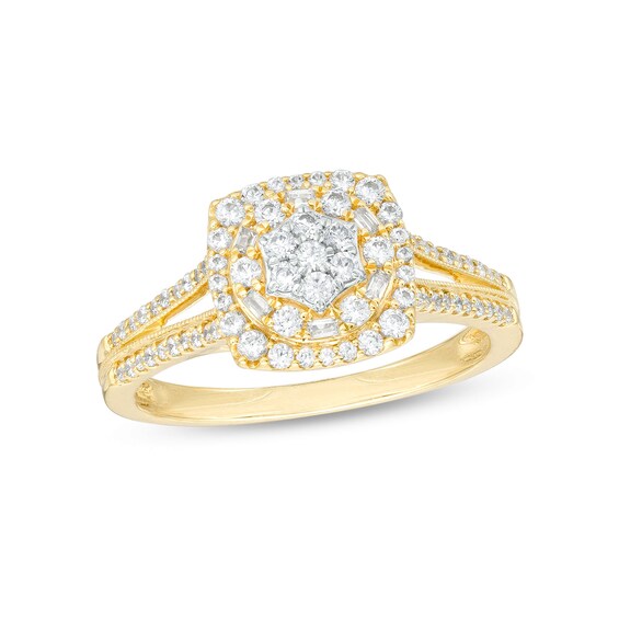 1/2 CT. T.w. Cushion-Shaped Multi-Diamond Frame Split Shank Ring in 10K Gold