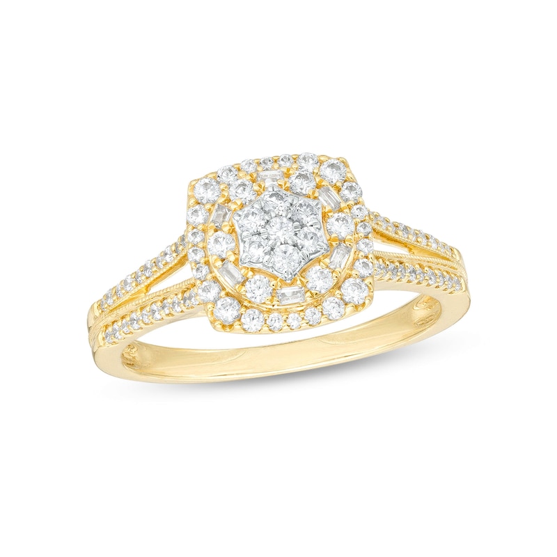 Main Image 1 of 1/2 CT. T.W. Cushion-Shaped Multi-Diamond Frame Split Shank Ring in 10K Gold