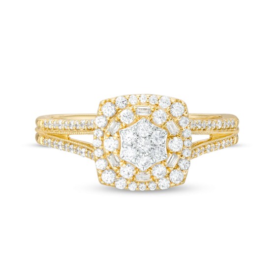 1/2 CT. T.w. Cushion-Shaped Multi-Diamond Frame Split Shank Ring in 10K Gold