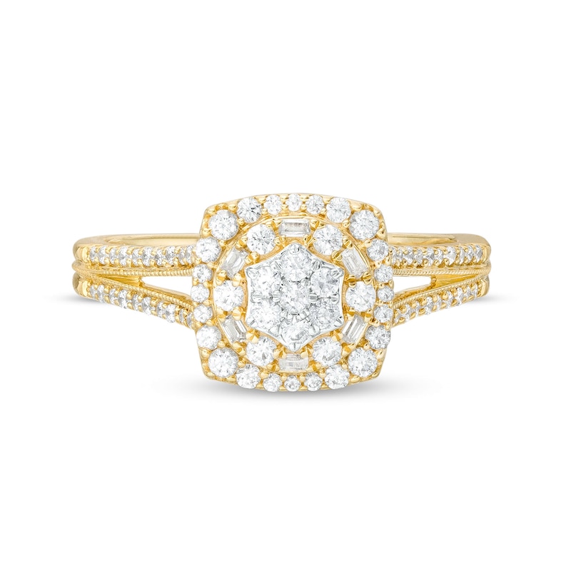 Main Image 4 of 1/2 CT. T.W. Cushion-Shaped Multi-Diamond Frame Split Shank Ring in 10K Gold