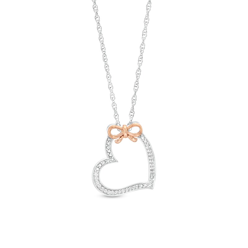 Main Image 1 of 1/20 CT. T.W. Diamond Beaded Bow Tied Tilted Heart Pendant in Sterling Silver and 10K Rose Gold