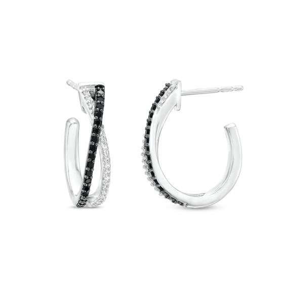 1/5 CT. T.w. Black and White Diamond Criss-Cross J-Hoop Earrings in Sterling Silver