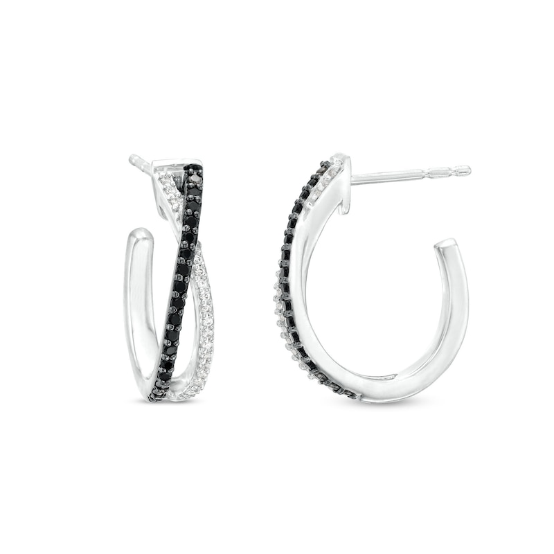 Main Image 1 of 1/5 CT. T.W. Black and White Diamond Criss-Cross J-Hoop Earrings in Sterling Silver
