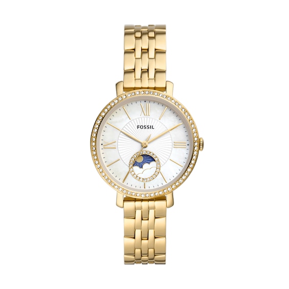 Ladies' Fossil Jacqueline Crystal Accent Gold-Tone Watch with Mother-of-Pearl Dial (Model: Es5167)