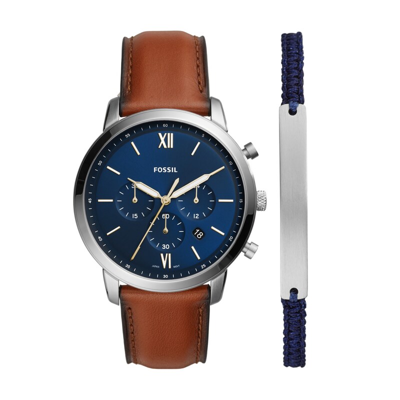 Main Image 1 of Men's Fossil Neutra Chrono Chronograph Brown Leather Strap Watch with Blue Dial and Bracelet Set (Model: FS5708SET)