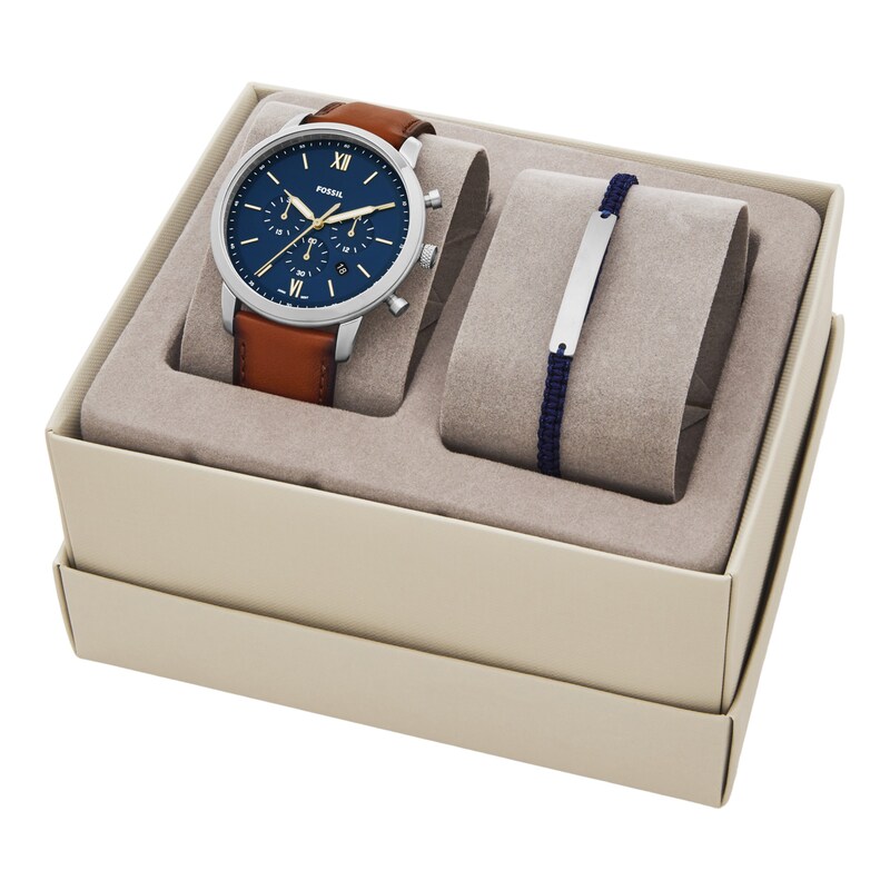 Main Image 4 of Men's Fossil Neutra Chrono Chronograph Brown Leather Strap Watch with Blue Dial and Bracelet Set (Model: FS5708SET)