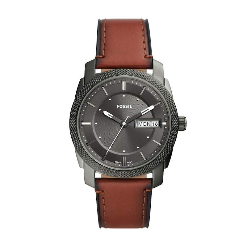 Main Image 1 of Men's Fossil Machine Gunmetal Grey Brown Leather Strap Watch with Grey Dial (Model: FS5900)