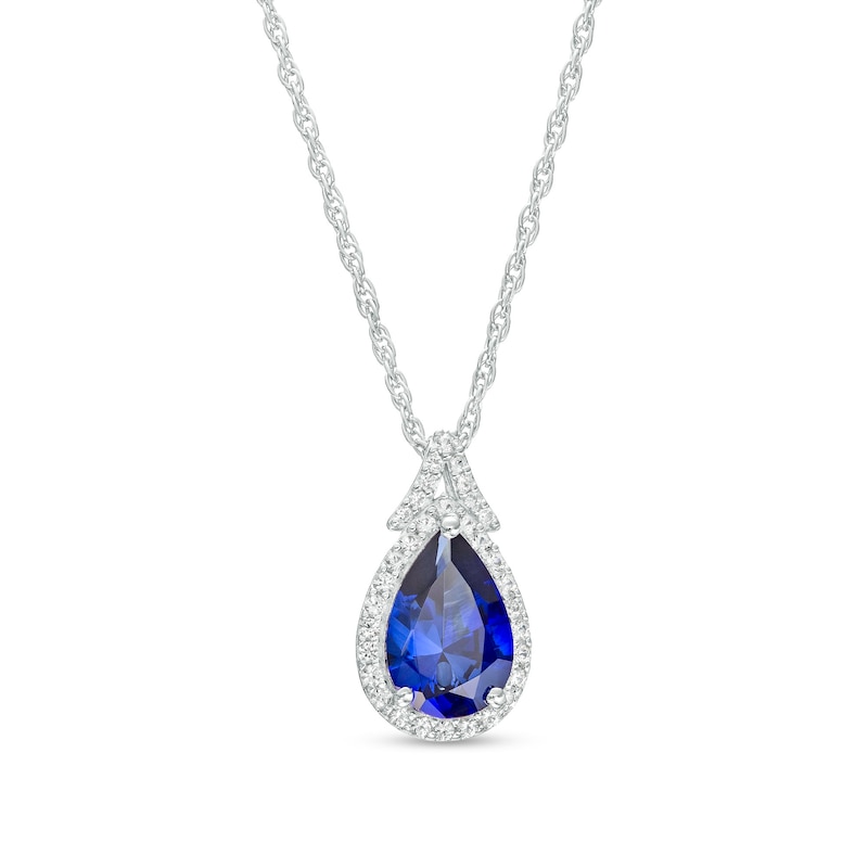 Main Image 1 of Pear-Shaped Blue and White Lab-Created Sapphire Frame Split Bail Pendant in Sterling Silver