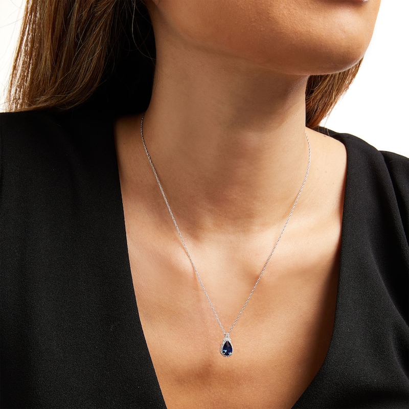 Main Image 2 of Pear-Shaped Blue and White Lab-Created Sapphire Frame Split Bail Pendant in Sterling Silver