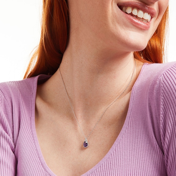 Pear-Shaped Amethyst and White Lab-Created Sapphire Frame Split Bail Pendant in Sterling Silver