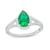 Thumbnail Image 1 of Pear-Shaped Green Quartz Doublet and White Lab-Created Sapphire Frame Split Shank Ring in Sterling Silver