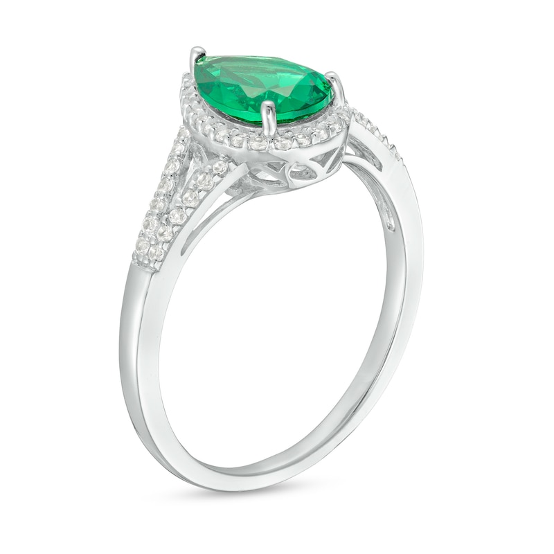 Main Image 3 of Pear-Shaped Green Quartz Doublet and White Lab-Created Sapphire Frame Split Shank Ring in Sterling Silver