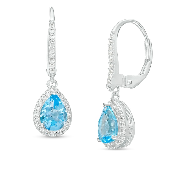 Pear-Shaped Swiss Blue Topaz and White Lab-Created Sapphire Frame Drop Earrings in Sterling Silver