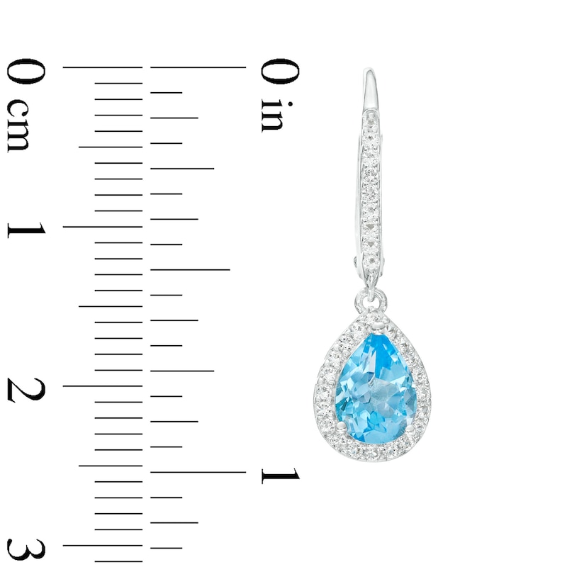 Pear-Shaped Swiss Blue Topaz and White Lab-Created Sapphire Frame Drop Earrings in Sterling Silver