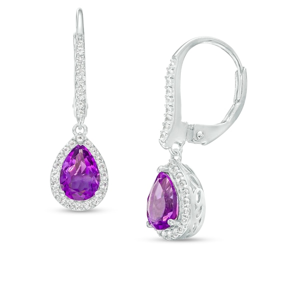Pear-Shaped Amethyst and White Lab-Created Sapphire Frame Drop Earrings in Sterling Silver