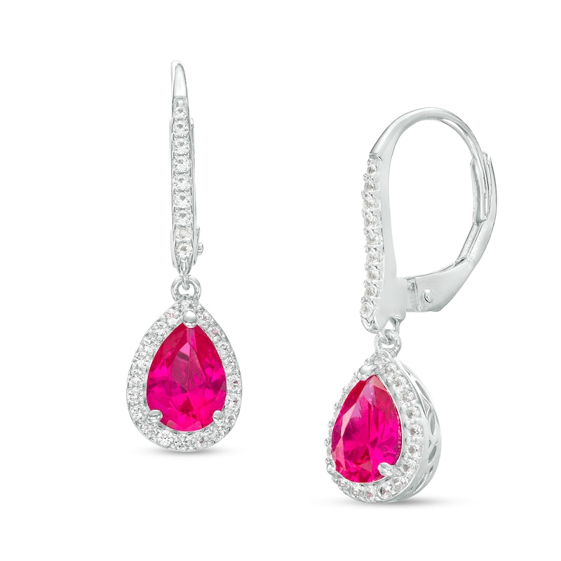 Main Image 1 of Pear-Shaped Lab-Created Ruby and White Lab-Created Sapphire Frame Drop Earrings in Sterling Silver
