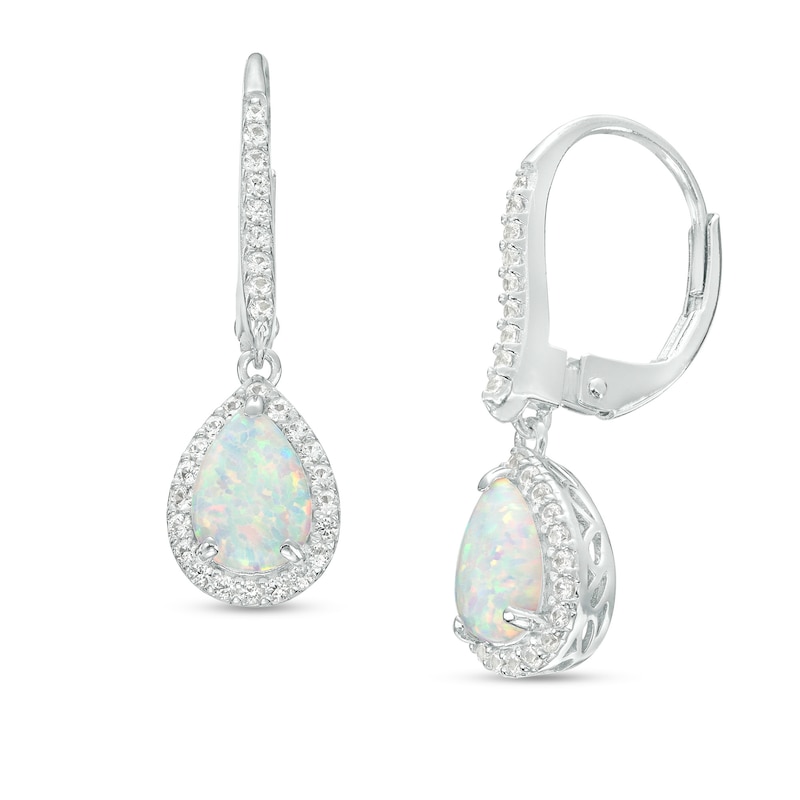Main Image 1 of Pear-Shaped Lab-Created Opal and White Lab-Created Sapphire Frame Drop Earrings in Sterling Silver