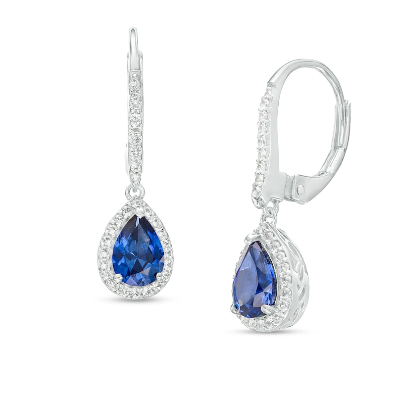Main Image 1 of Pear-Shaped Blue and White Lab-Created Sapphire Frame Drop Earrings in Sterling Silver