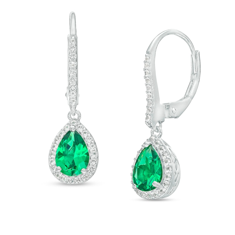 Main Image 1 of Pear-Shaped Green Quartz Doublet and White Lab-Created Sapphire Frame Drop Earrings in Sterling Silver