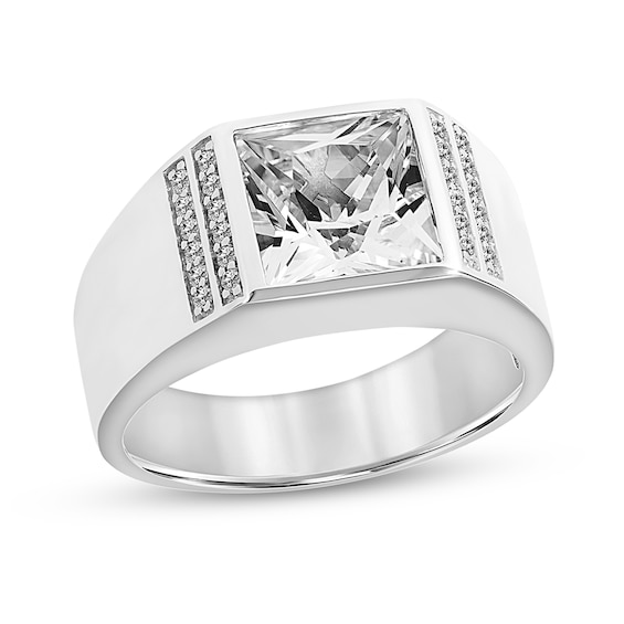 9.0mm Square-Cut White Lab-Created Sapphire Side Accent Wedding Band in Sterling Silver