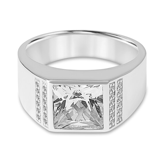 9.0mm Square-Cut White Lab-Created Sapphire Side Accent Wedding Band in Sterling Silver