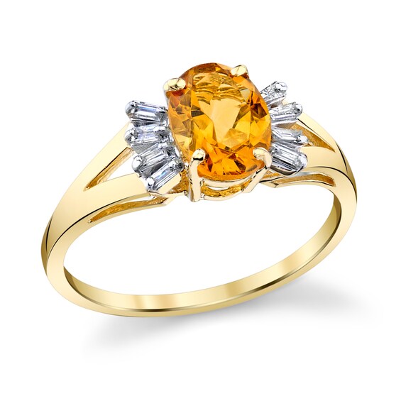 Oval Citrine and 1/8 CT. T.w. Baguette Diamond Collar Ring in 14K Gold