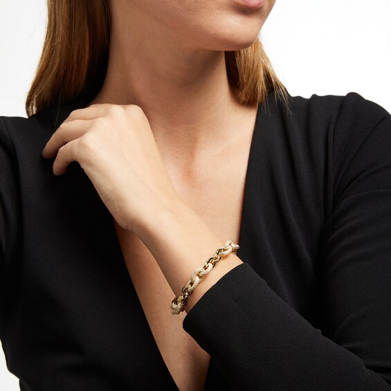Italian Gold 2.0mm Diamond-Cut Glitter Link Chain Alternating Bracelet in Hollow 14K Gold â 9"