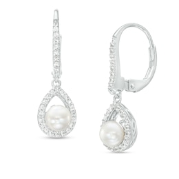 5.0mm Cultured Freshwater Pearl and White Lab-Created Sapphire Pear-Shaped Frame Drop Earrings in Sterling Silver