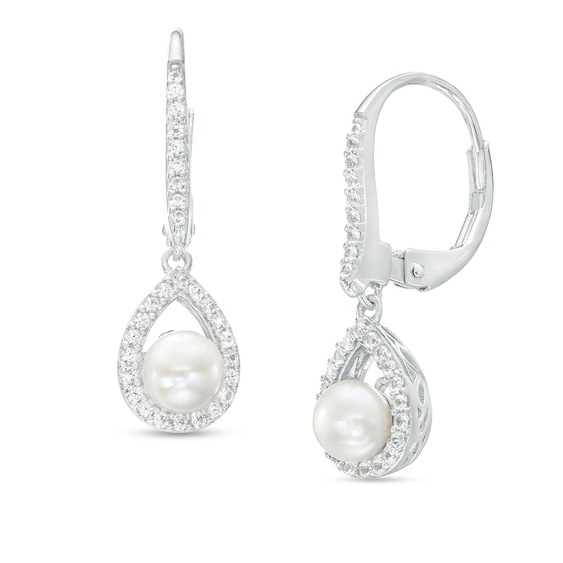 5.0mm Cultured Freshwater Pearl and White Lab-Created Sapphire Pear-Shaped Frame Drop Earrings in Sterling Silver