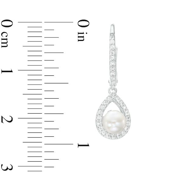 5.0mm Freshwater Cultured Pearl and White Lab-Created Sapphire Pear-Shaped Frame Drop Earrings in Sterling Silver